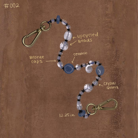 Blue beaded chain, crystal quartz, upcycled beads, sustainable handmade jewelry